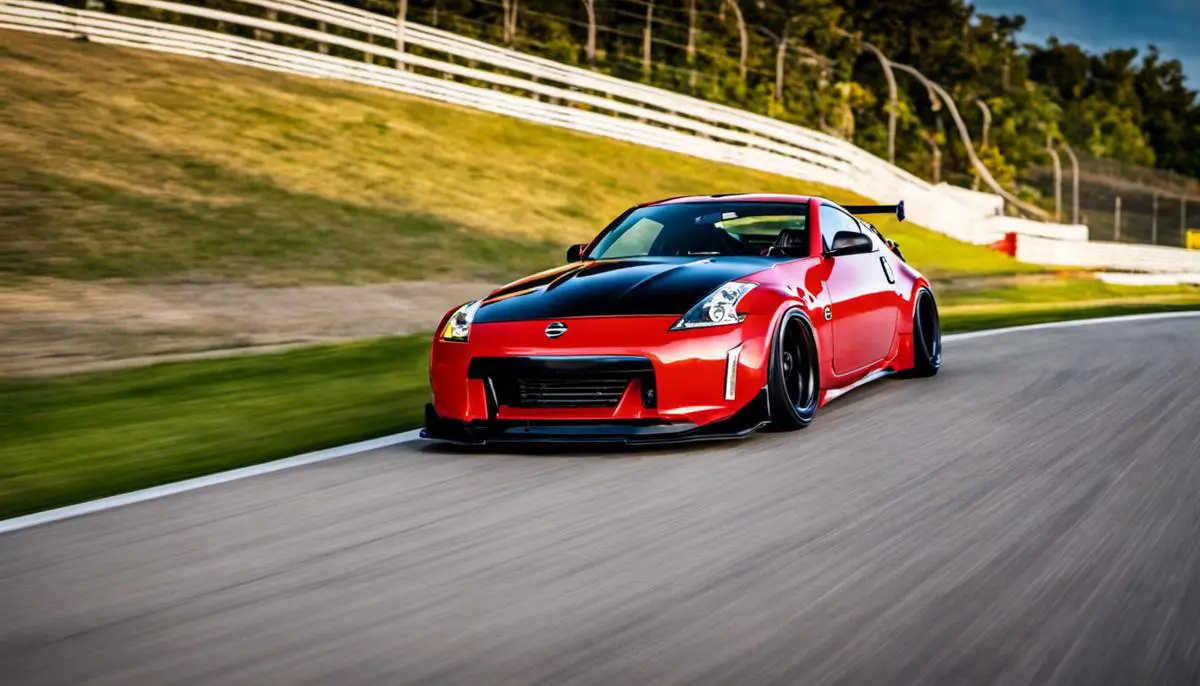 Photograph of budget coilovers on a Nissan 350Z on a race track.