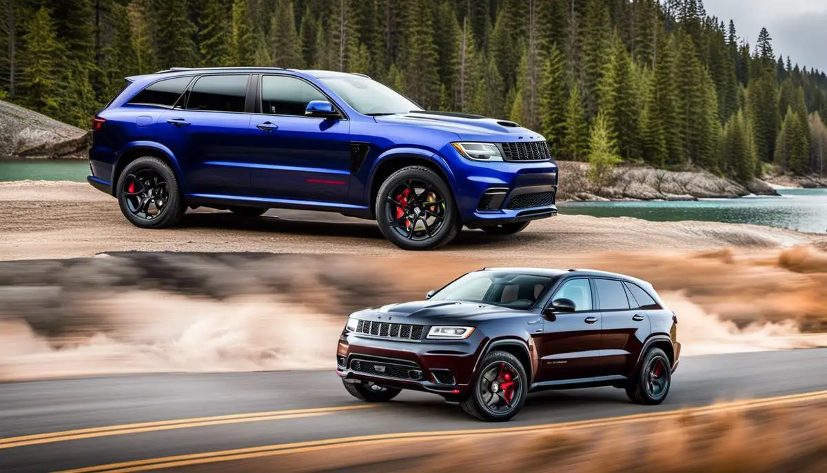 Comparison between Trailhawk and Trackhawk showcasing their differences in performance, design, comfort, technology, utility, and value for money.